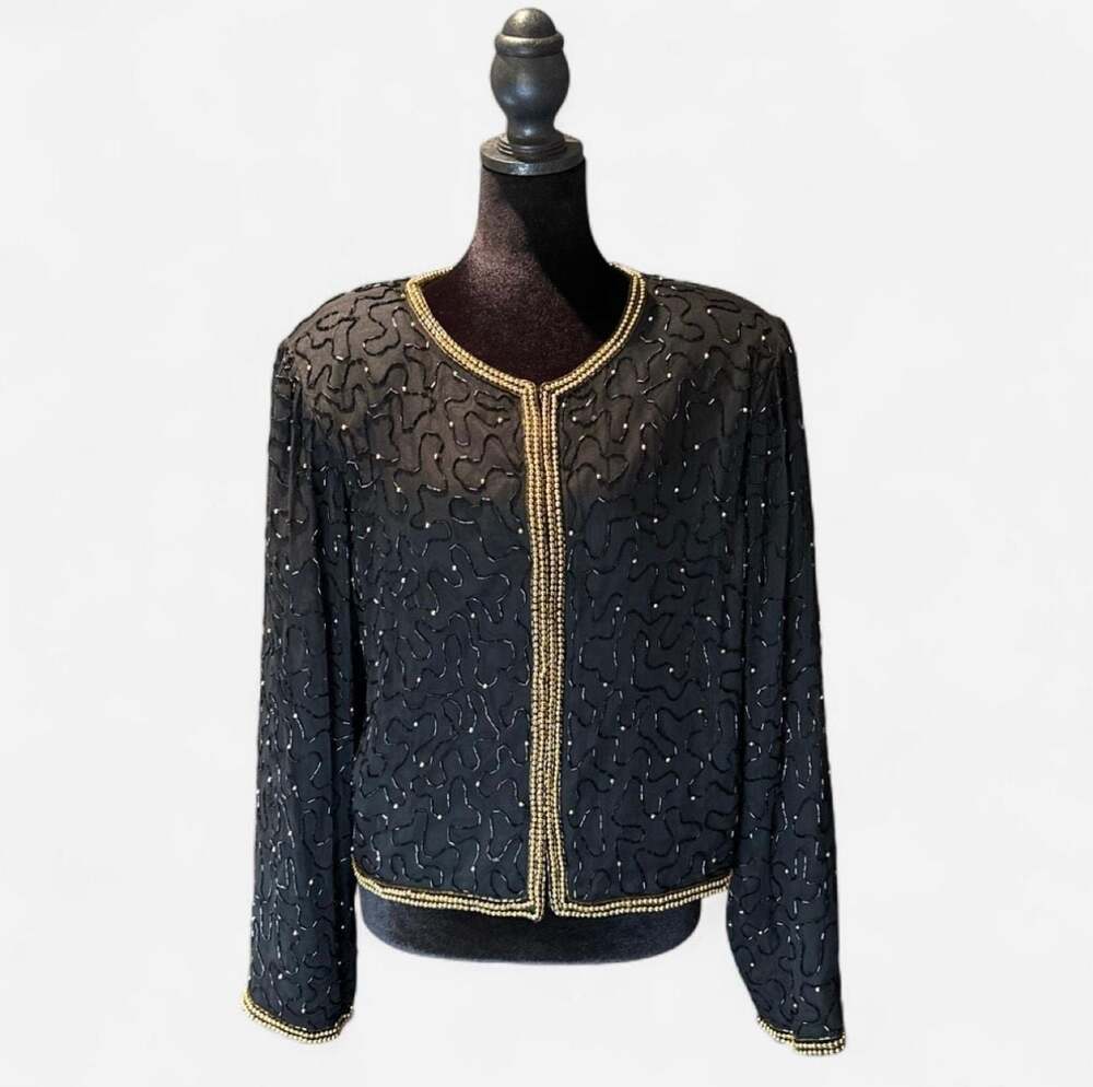 Laurence Kazar 100% Silk Shell Black Beaded Evening Jacket with Gold Accents